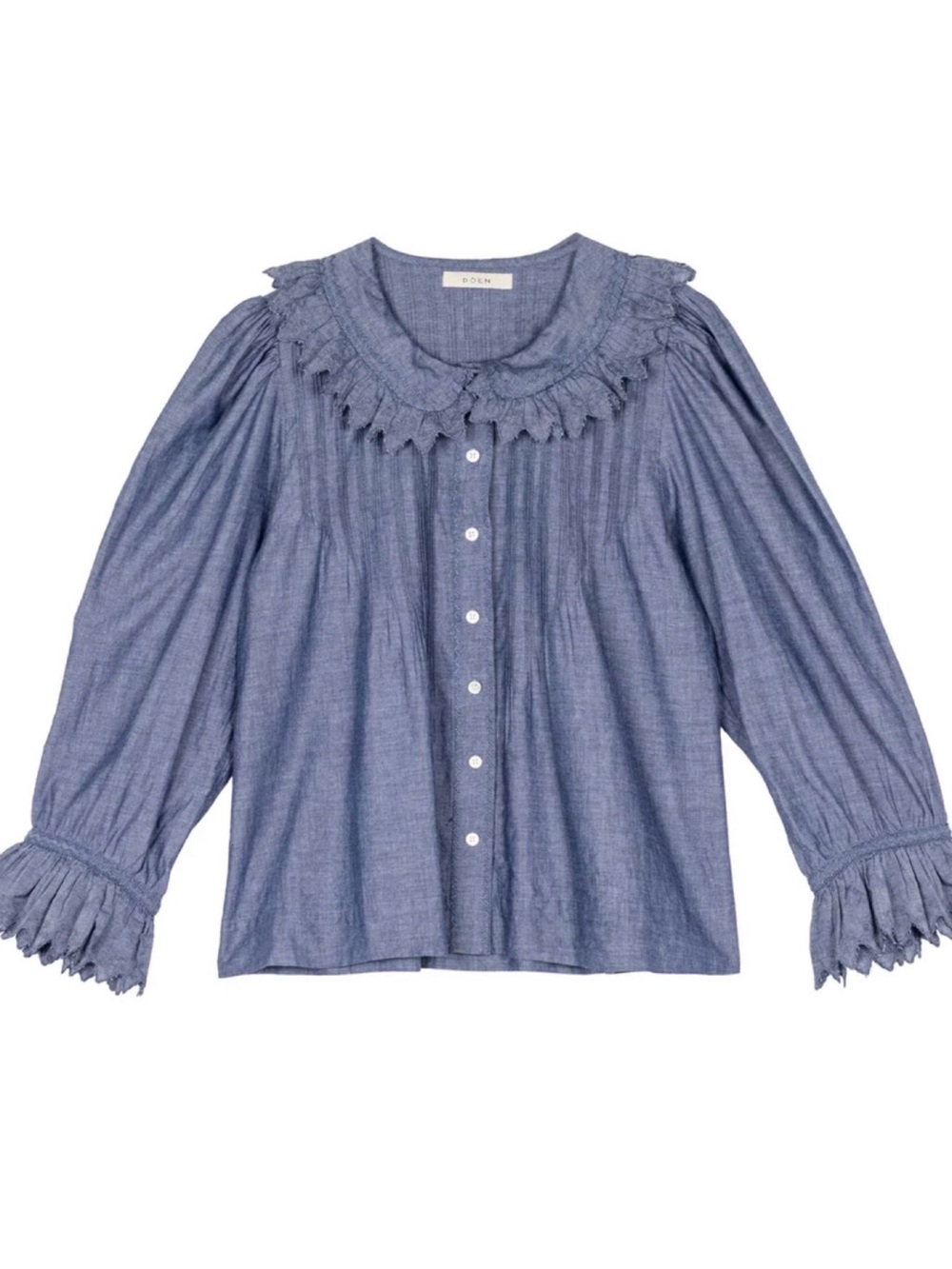 Doen Hickory top / BLUE CHAMBRAY / XS / Blue Ruffled Collar Button-Front Blouse